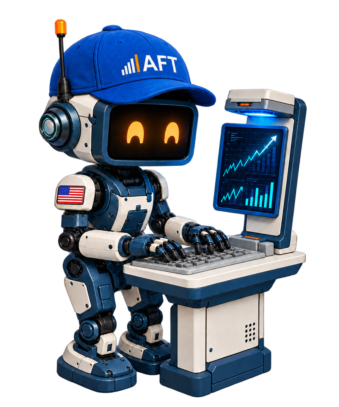 Rivet, the American Factory Tracker mascot robot, wearing an AFT cap and reviewing a holographic investment chart at his data console