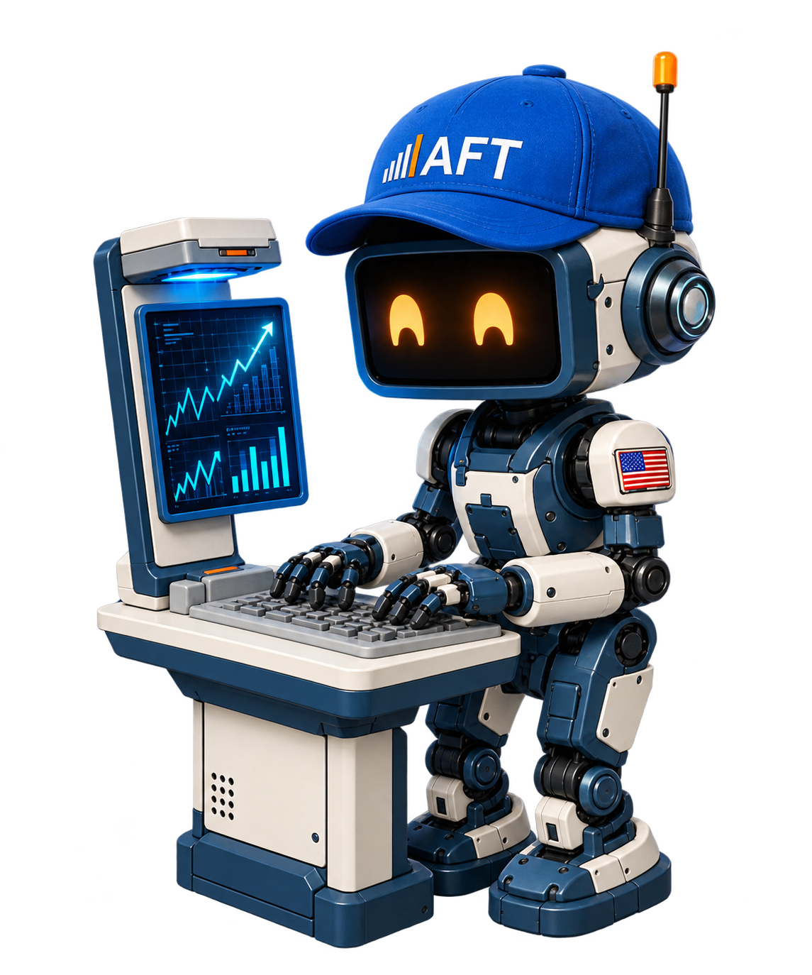 Rivet, the American Factory Tracker mascot robot, wearing an AFT cap and reviewing a holographic investment chart at his data console