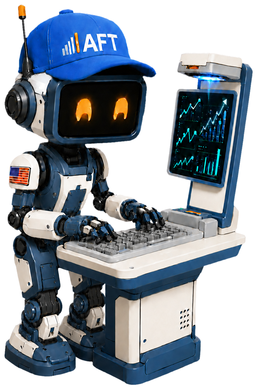 Rivet, the American Factory Tracker mascot robot, wearing an AFT cap and reviewing a holographic investment chart at his data console